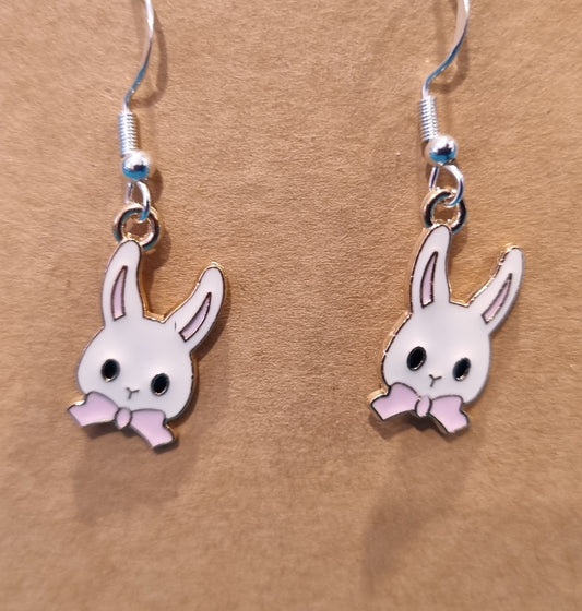 Earrings - white bunny with pink bow